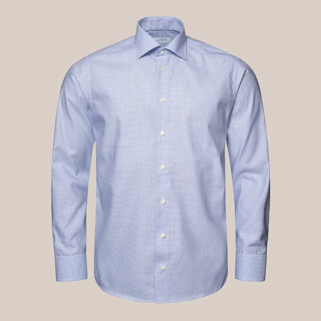 Eton Contemporary Fit Mini Check Shirt Light Blue/White-MALFORD OF LONDON SAVILE ROW MENSWEAR OUTLET