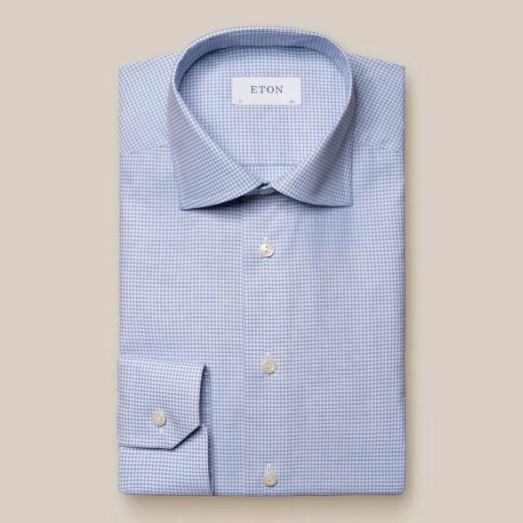 Eton Contemporary Fit Mini Check Shirt Light Blue/White-MALFORD OF LONDON SAVILE ROW MENSWEAR OUTLET