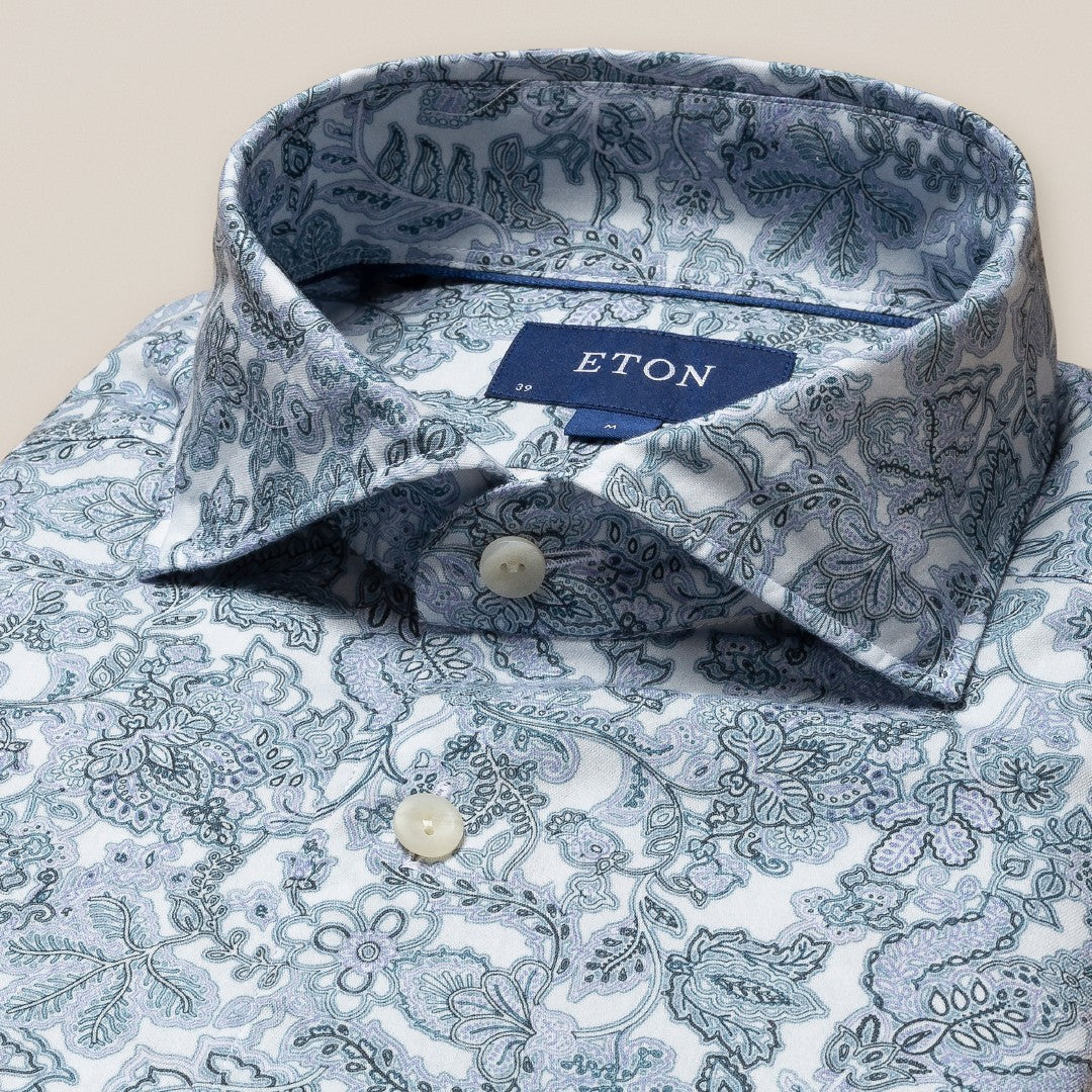 Eton Contemporary Fit Paisley Floral Shirt Mid Blue-MALFORD OF LONDON SAVILE ROW MENSWEAR OUTLET