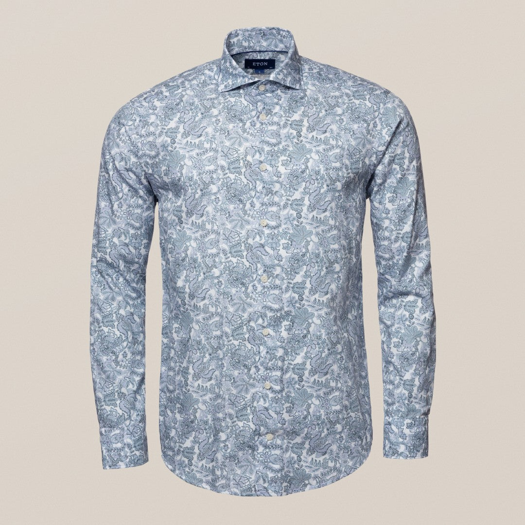 Eton Contemporary Fit Paisley Floral Shirt Mid Blue-MALFORD OF LONDON SAVILE ROW MENSWEAR OUTLET