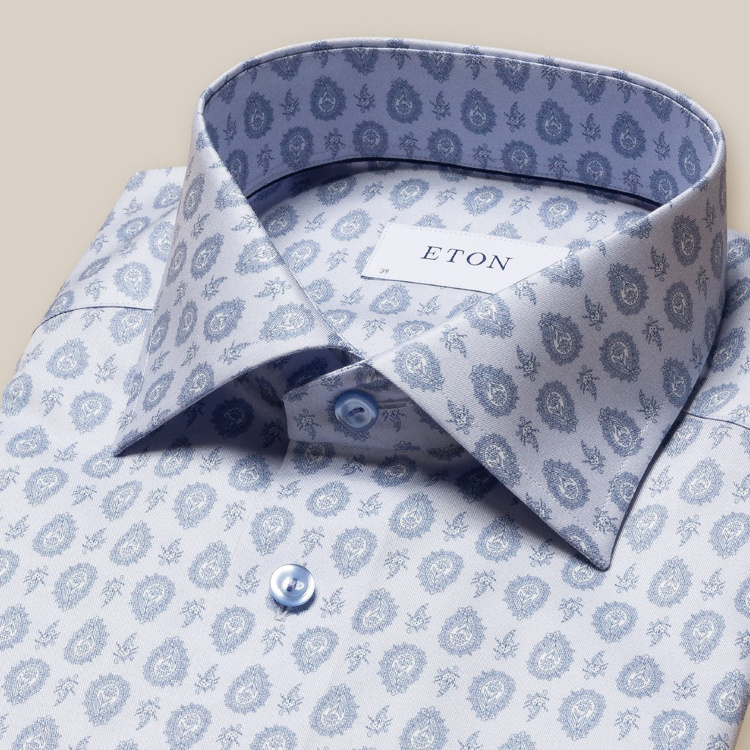 Eton Contemporary Fit Paisley Pattern Shirt Light Blue-MALFORD OF LONDON SAVILE ROW MENSWEAR OUTLET