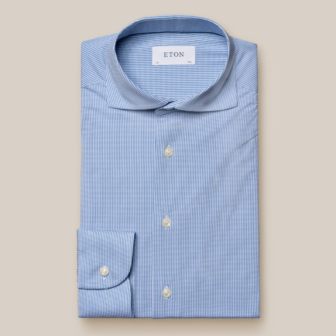 Eton Contemporary Fit Pin Check Shirt Mid Blue/White-MALFORD OF LONDON SAVILE ROW MENSWEAR OUTLET