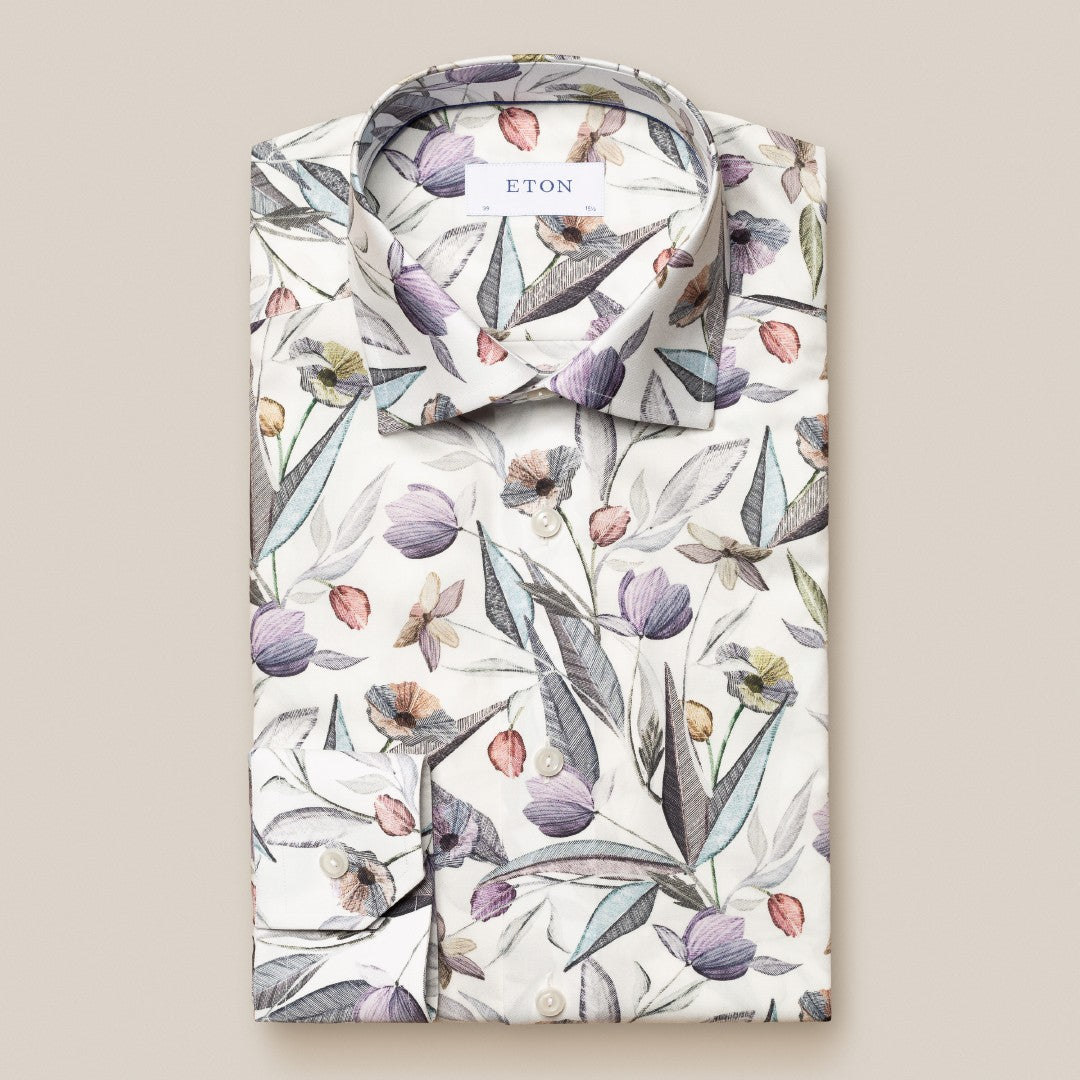 Eton Contemporary Fit Signature Twill Floral Shirt Cream-MALFORD OF LONDON SAVILE ROW MENSWEAR OUTLET