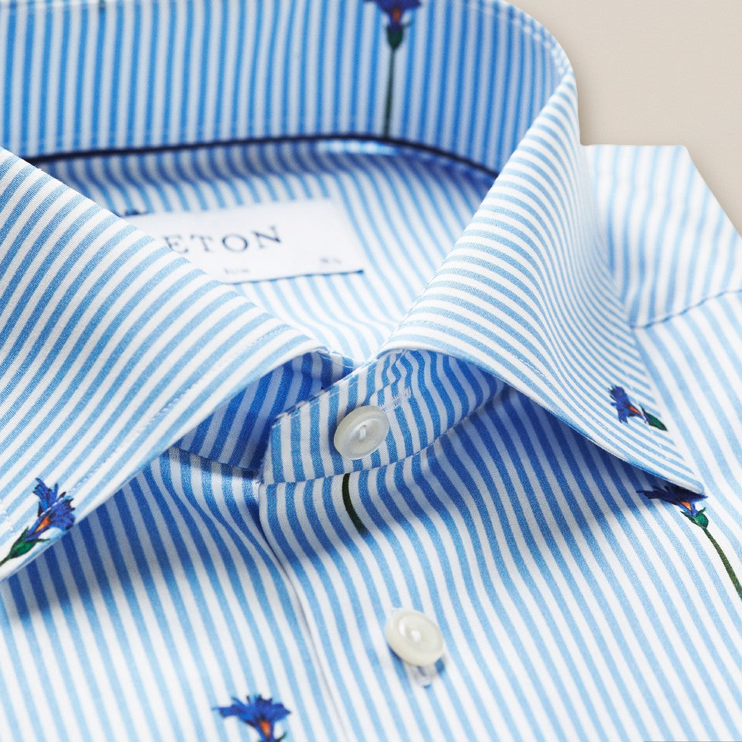 Eton Contemporary Fit Stripe/Flower Print Shirt Light Blue-MALFORD OF LONDON SAVILE ROW MENSWEAR OUTLET