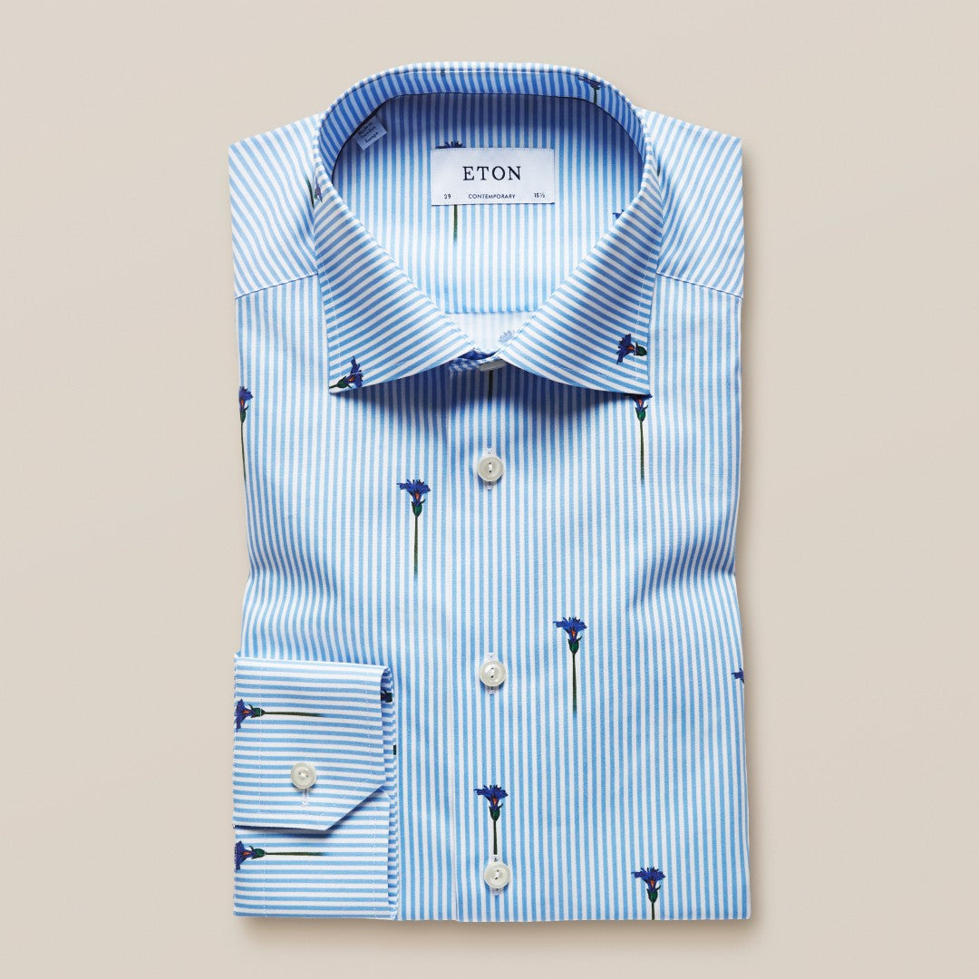 Eton Contemporary Fit Stripe/Flower Print Shirt Light Blue-MALFORD OF LONDON SAVILE ROW MENSWEAR OUTLET