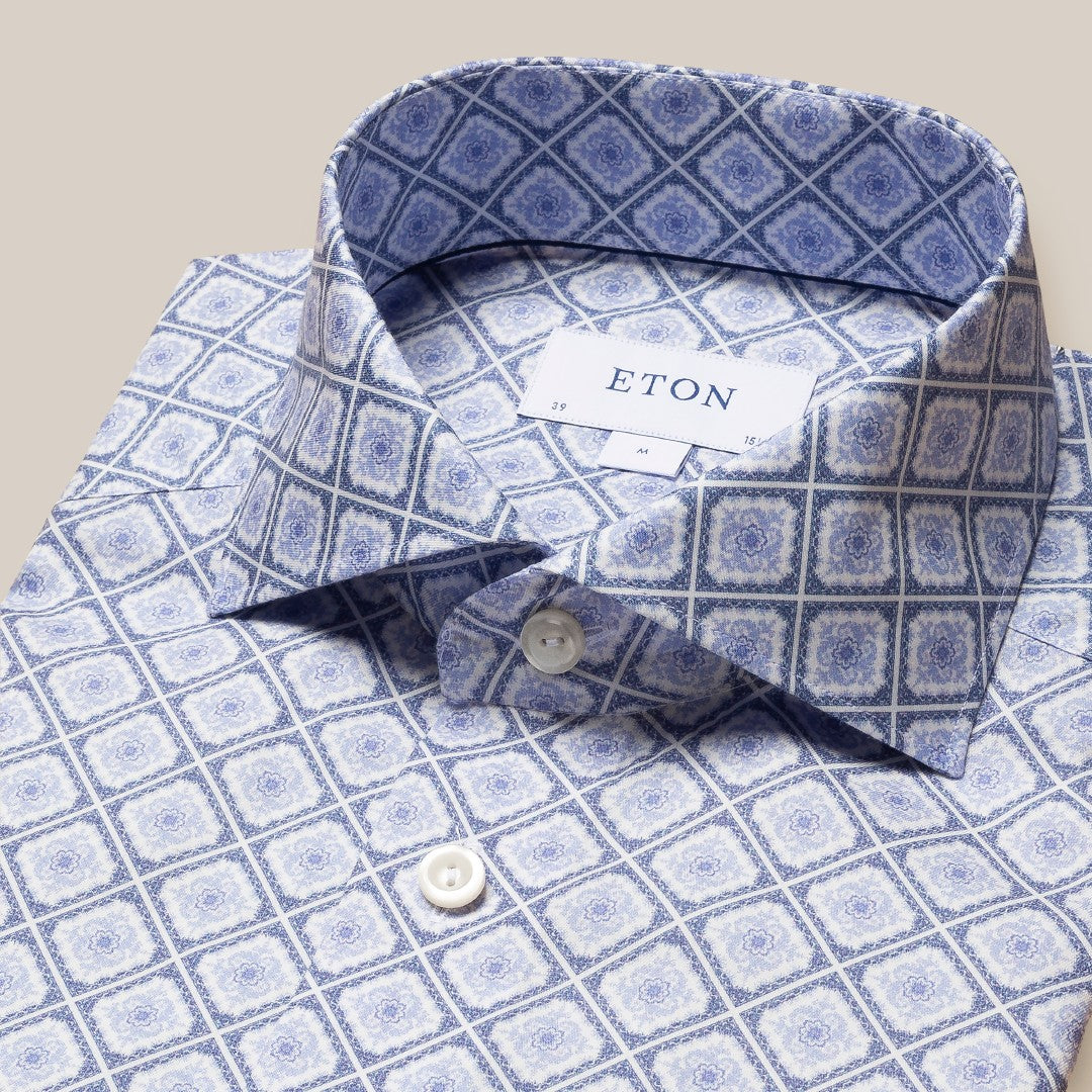 Eton Contemporary Fit Tile Pattern Shirt Light Blue/Mid Blues-MALFORD OF LONDON SAVILE ROW MENSWEAR OUTLET