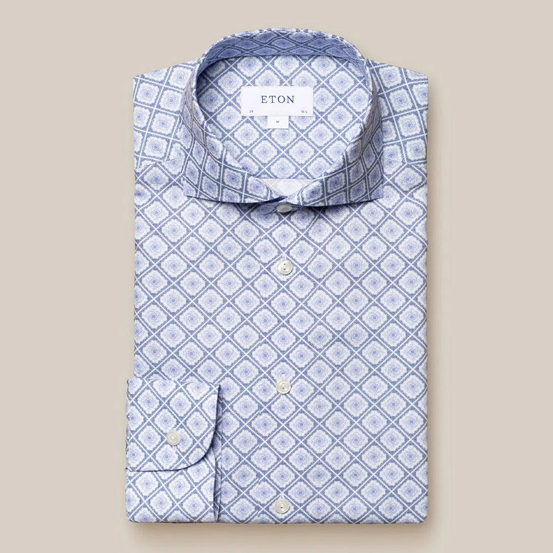 Eton Contemporary Fit Tile Pattern Shirt Light Blue/Mid Blues-MALFORD OF LONDON SAVILE ROW MENSWEAR OUTLET