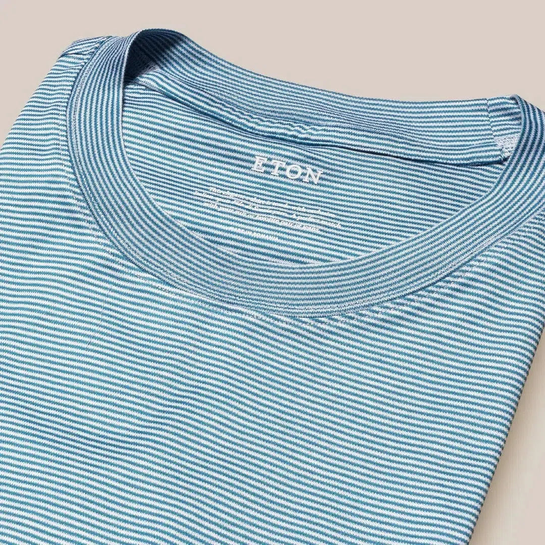 Eton Crew Neck Striped T-shirt Mid Blue-MALFORD OF LONDON SAVILE ROW MENSWEAR OUTLET
