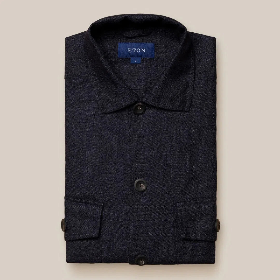 Eton Linen Plain Overshirt Navy Blue-MALFORD OF LONDON SAVILE ROW MENSWEAR OUTLET