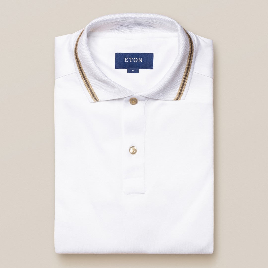 Eton Long Sleeve Pipped Collar Polo Shirt White-MALFORD OF LONDON SAVILE ROW MENSWEAR OUTLET