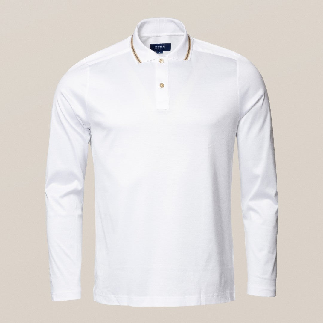 Eton Long Sleeve Pipped Collar Polo Shirt White-MALFORD OF LONDON SAVILE ROW MENSWEAR OUTLET