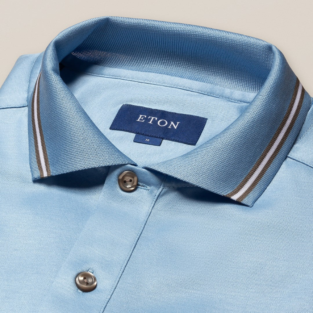 Eton Regular Fit Knitted Collar Rugby Shirt Light Blue-MALFORD OF LONDON SAVILE ROW MENSWEAR OUTLET