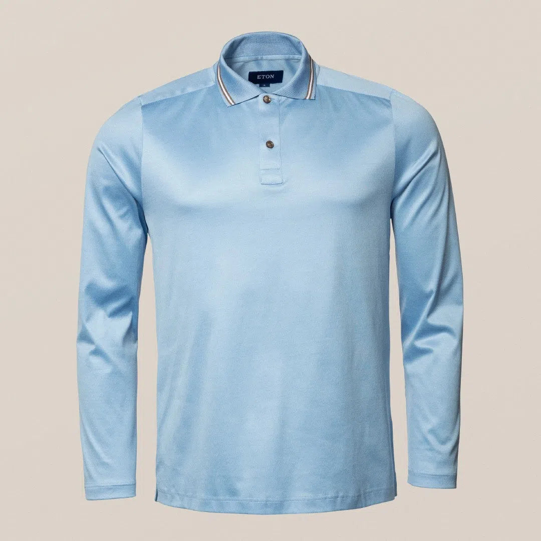 Eton Regular Fit Knitted Collar Rugby Shirt Light Blue-MALFORD OF LONDON SAVILE ROW MENSWEAR OUTLET