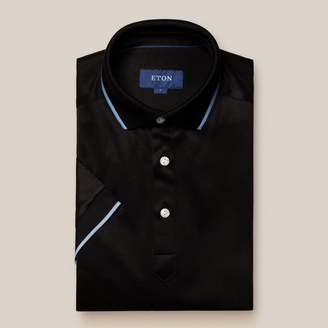 Eton Regular Fit Piped Edges Polo Shirt Black-MALFORD OF LONDON SAVILE ROW MENSWEAR OUTLET