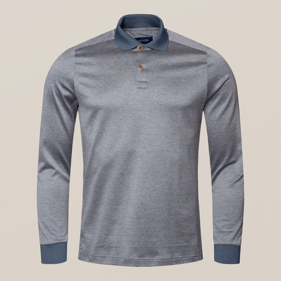 Eton Regular Fit Pique Long Sleeve PoloShirt Light Blue/Navy-MALFORD OF LONDON SAVILE ROW MENSWEAR OUTLET