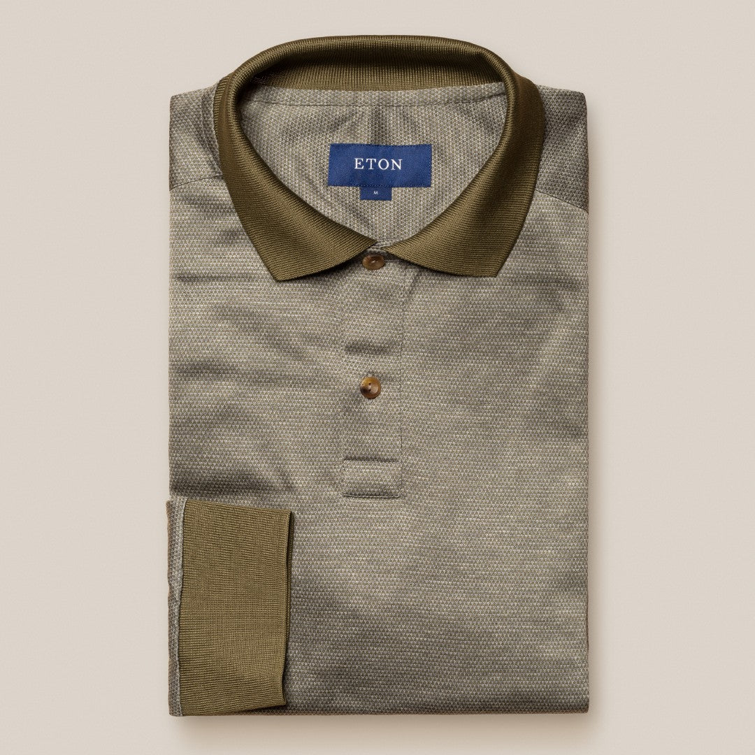 Eton Regular Fit Textured Weave Polo Shirt Khaki Green-MALFORD OF LONDON SAVILE ROW MENSWEAR OUTLET