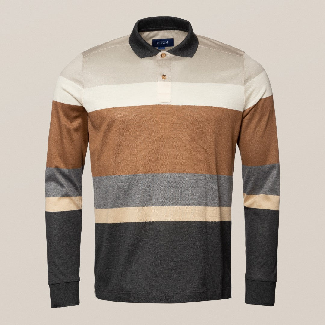 Eton Regular Fit Wide Stripe Rugby Shirt Beige