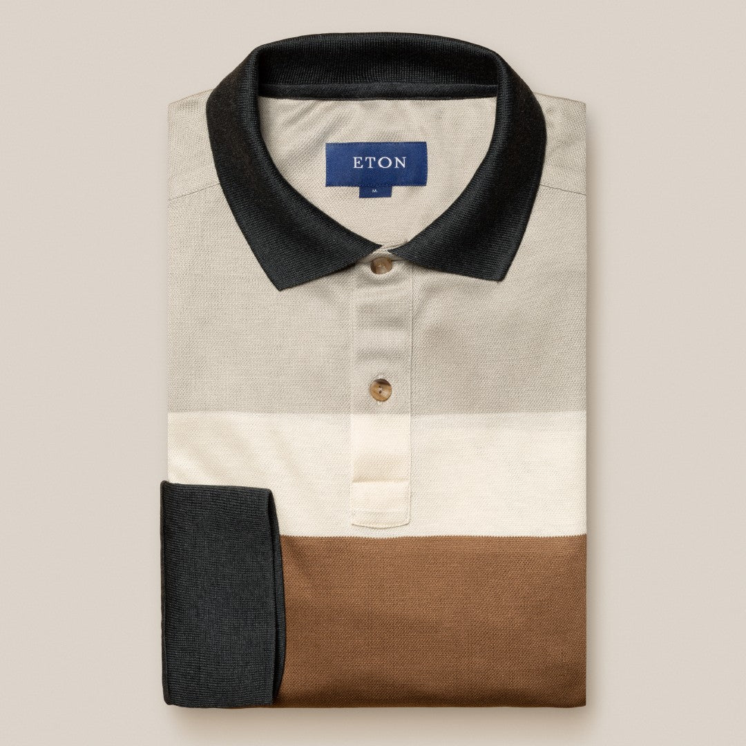 Eton Regular Fit Wide Stripe Rugby Shirt Beige