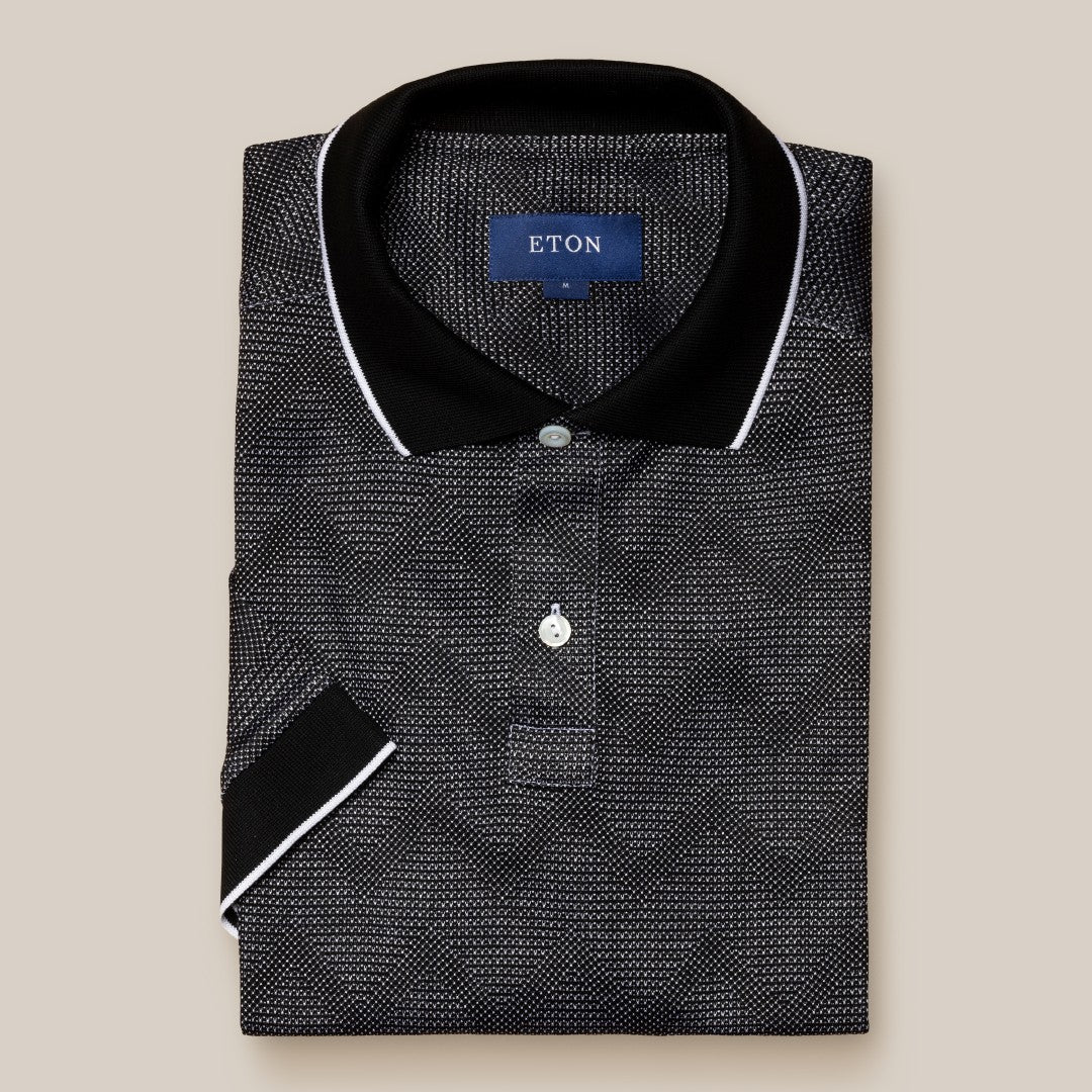 Eton Short Sleeve Zig-Zag Weave Polo Shirt Black-MALFORD OF LONDON SAVILE ROW MENSWEAR OUTLET