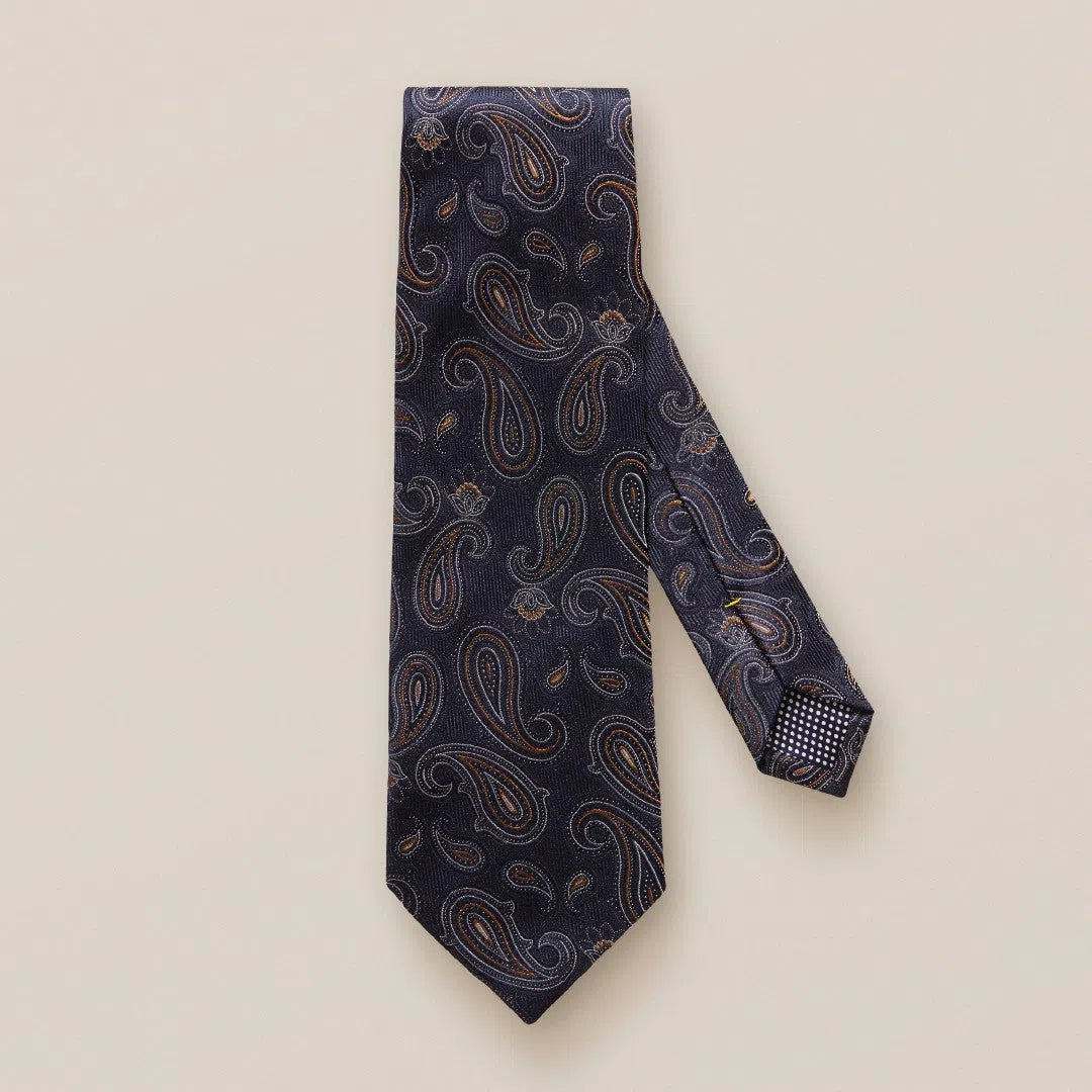 Eton Silk Brocade Paisley Patterned Tie Navy Blue-MALFORD OF LONDON SAVILE ROW MENSWEAR OUTLET