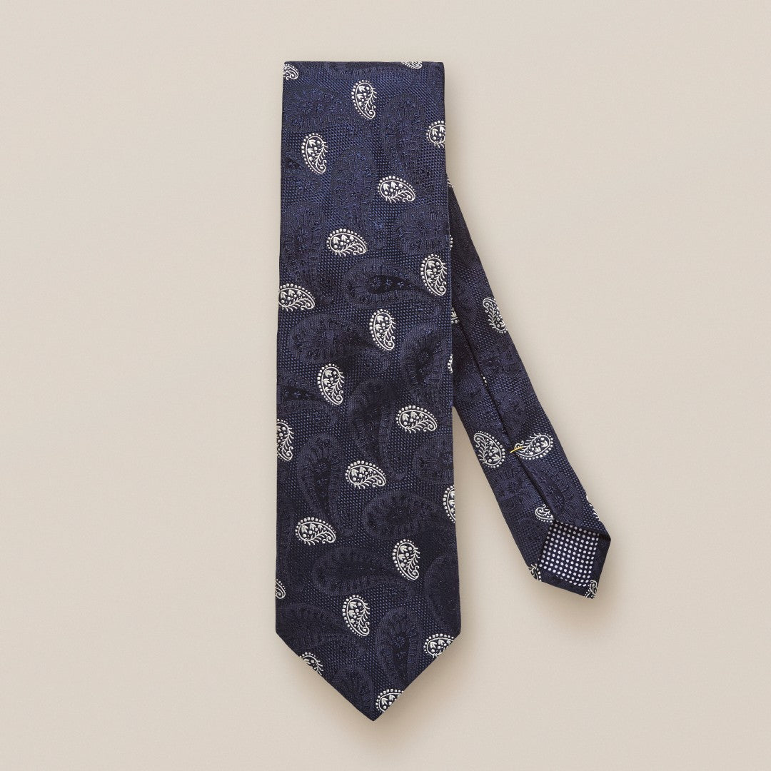 Eton Silk Brocade Paisley Patterned Tie Navy Blue/White-MALFORD OF LONDON SAVILE ROW MENSWEAR OUTLET