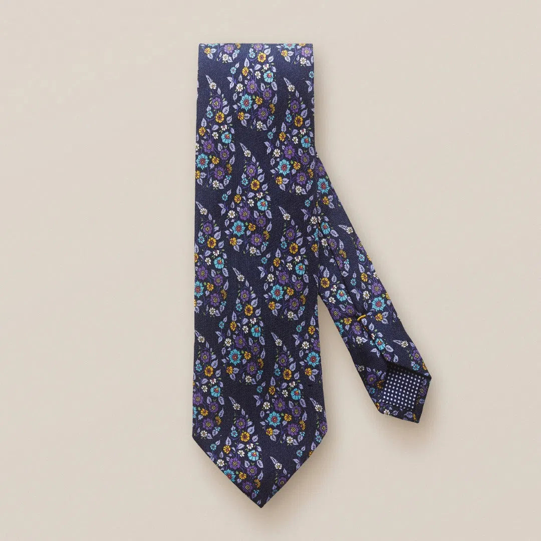 Eton Silk Floral Paisley Patterned Tie Navy Blue-MALFORD OF LONDON SAVILE ROW MENSWEAR OUTLET