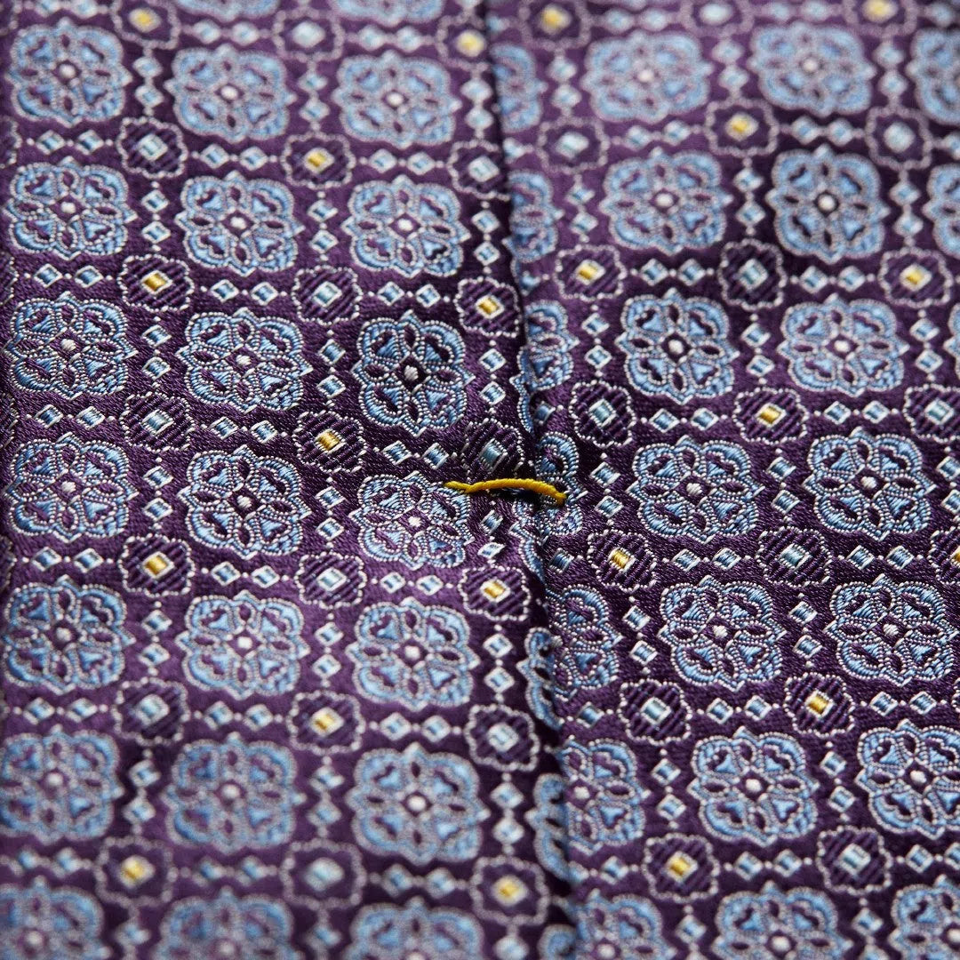 Eton Silk Floral Tile Patterned Tie Mid Purple-MALFORD OF LONDON SAVILE ROW MENSWEAR OUTLET