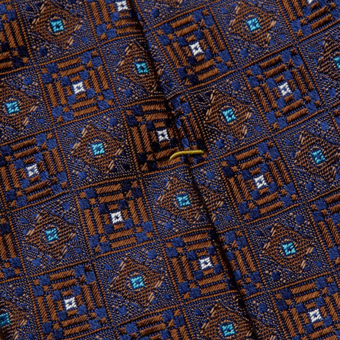 Eton Silk Mosaic Tile Patterned Tie Brown-MALFORD OF LONDON SAVILE ROW MENSWEAR OUTLET