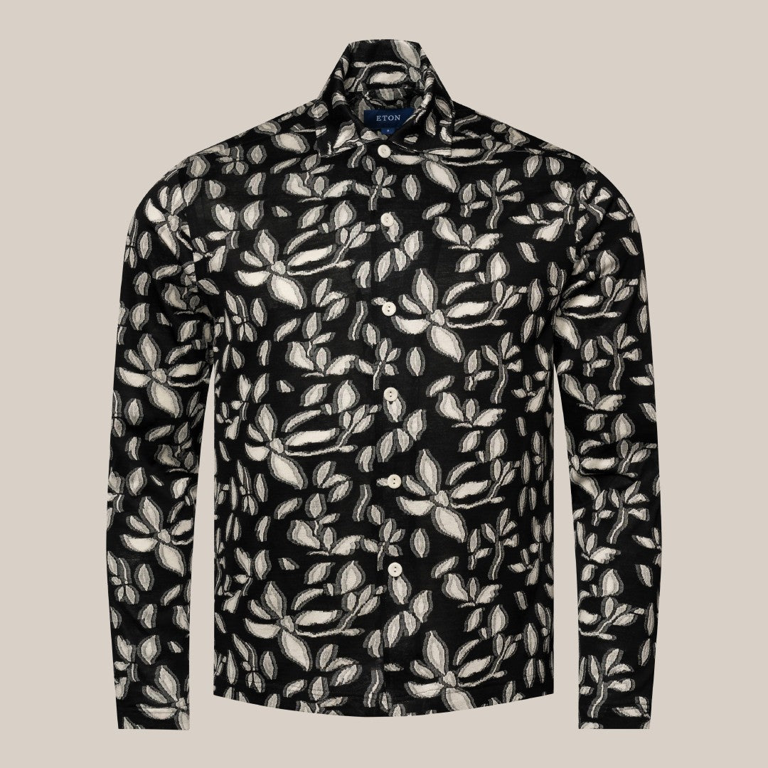 Eton Slim Fit Abstract Leaf Shirt Black White-MALFORD OF LONDON SAVILE ROW MENSWEAR OUTLET