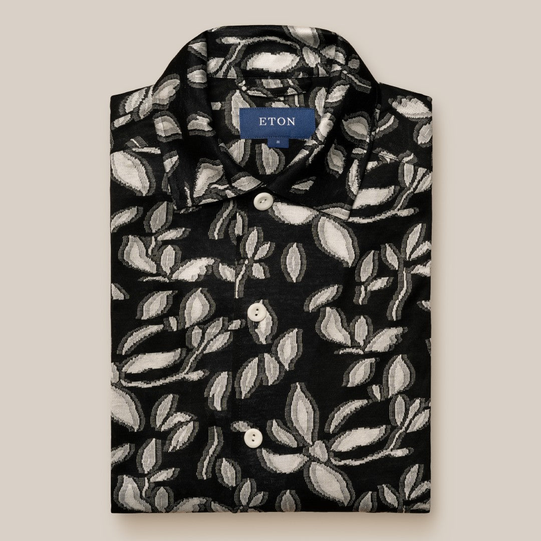 Eton Slim Fit Abstract Leaf Shirt Black White-MALFORD OF LONDON SAVILE ROW MENSWEAR OUTLET