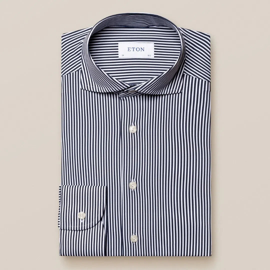 Eton Slim Fit Bengal Stripe Dobby Shirt Navy Blue-MALFORD OF LONDON SAVILE ROW MENSWEAR OUTLET