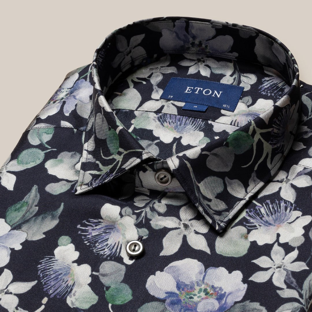 Eton Slim Fit Casual Floral Shirt Navy Blue-MALFORD OF LONDON SAVILE ROW MENSWEAR OUTLET