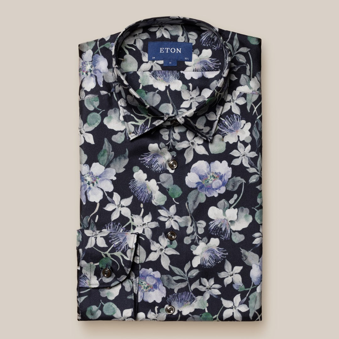 Eton Slim Fit Casual Floral Shirt Navy Blue-MALFORD OF LONDON SAVILE ROW MENSWEAR OUTLET