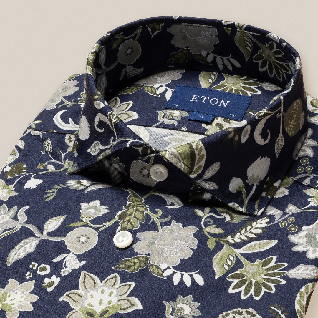 Eton Slim Fit Casual Floral Shirt Navy Blue/Mid Green-MALFORD OF LONDON SAVILE ROW MENSWEAR OUTLET