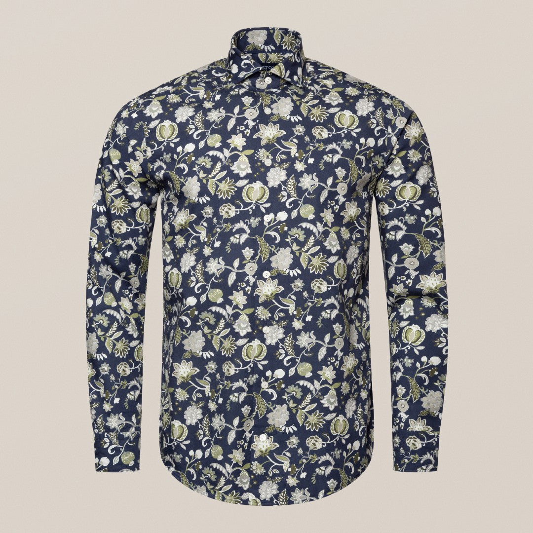 Eton Slim Fit Casual Floral Shirt Navy Blue/Mid Green-MALFORD OF LONDON SAVILE ROW MENSWEAR OUTLET