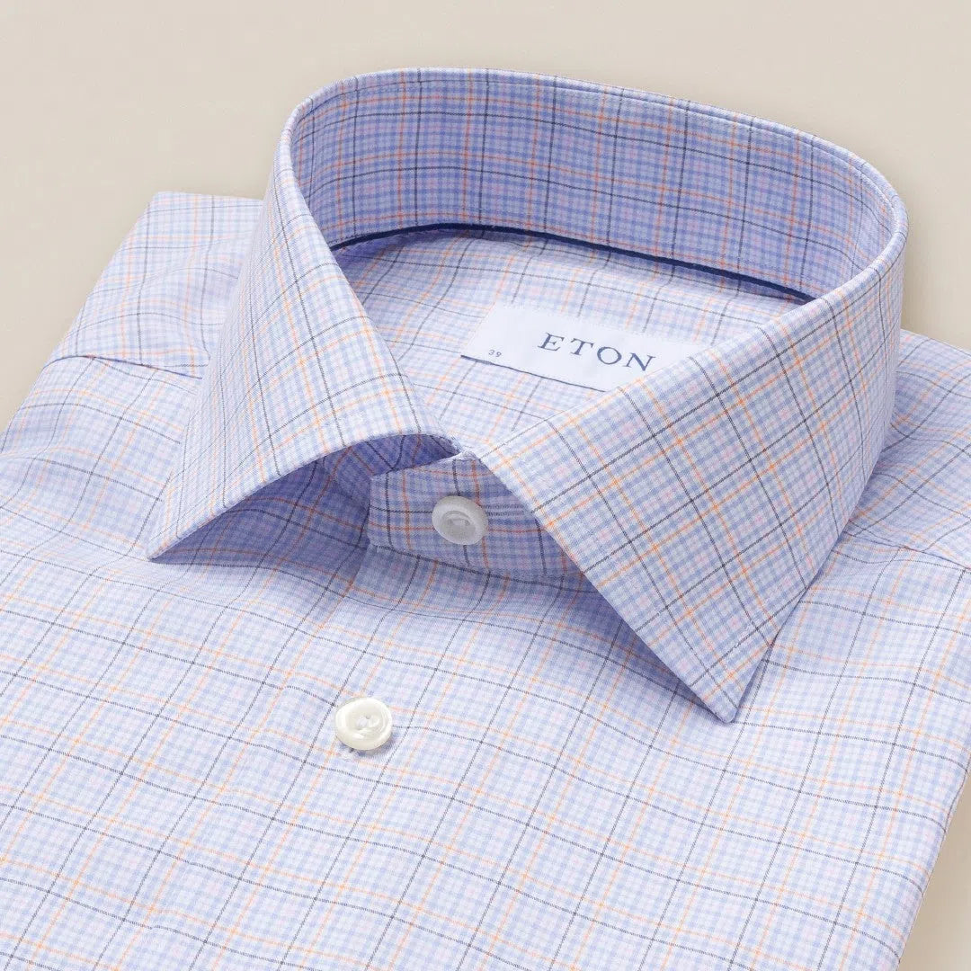 Eton Slim Fit Check Poplin Shirt Blue/Orange-MALFORD OF LONDON SAVILE ROW MENSWEAR OUTLET