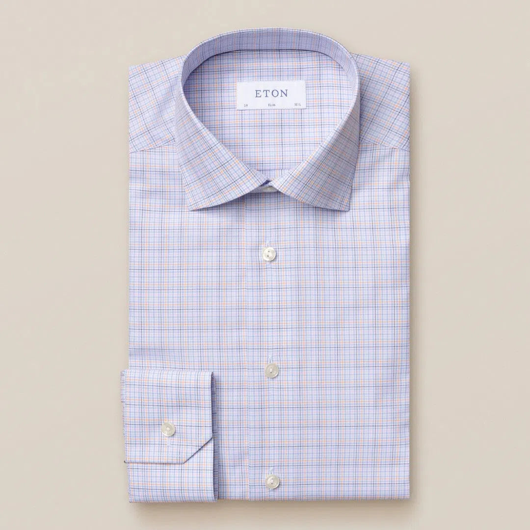 Eton Slim Fit Check Poplin Shirt Blue/Orange-MALFORD OF LONDON SAVILE ROW MENSWEAR OUTLET