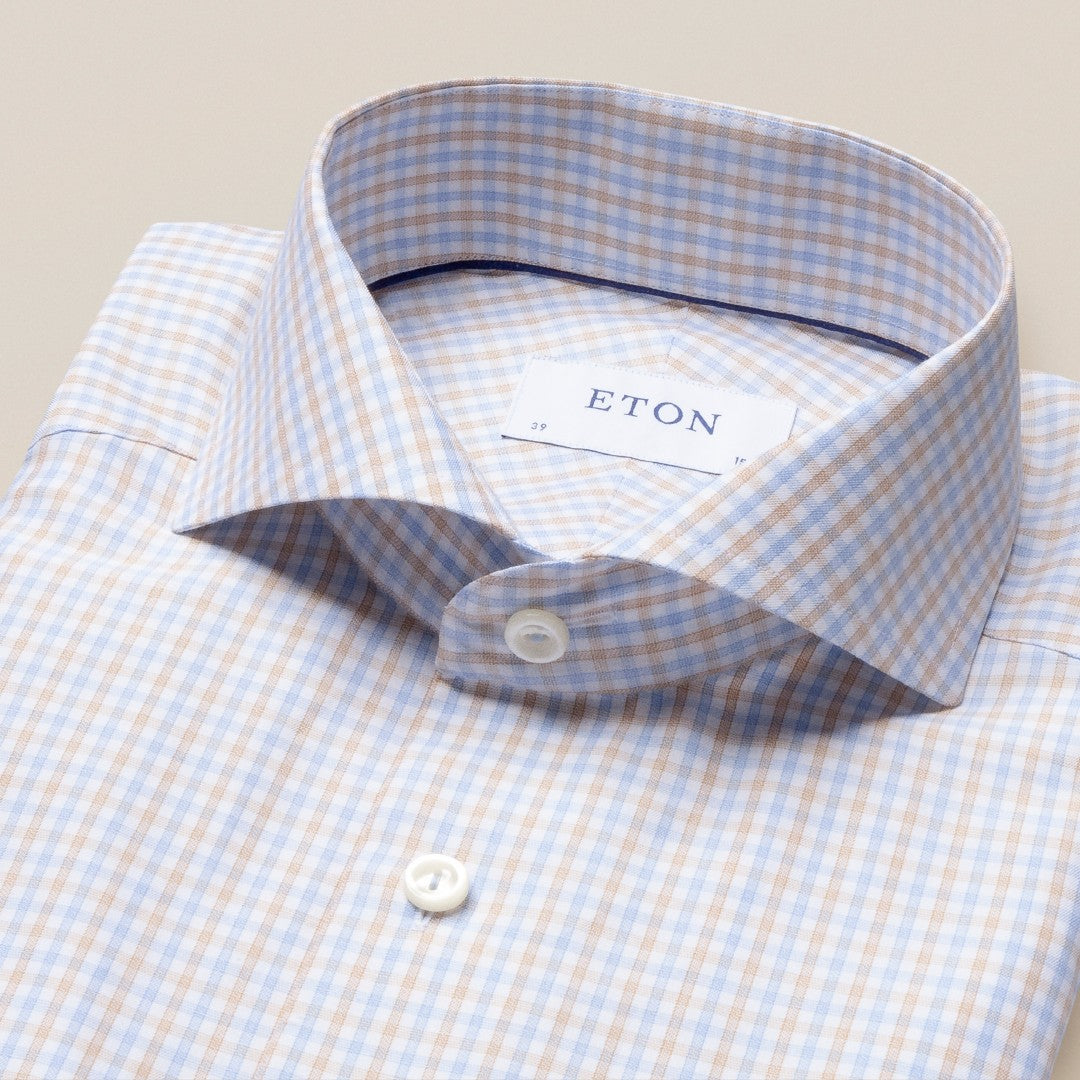 Eton Slim Fit Check Shirt Beige/Blue-MALFORD OF LONDON SAVILE ROW MENSWEAR OUTLET