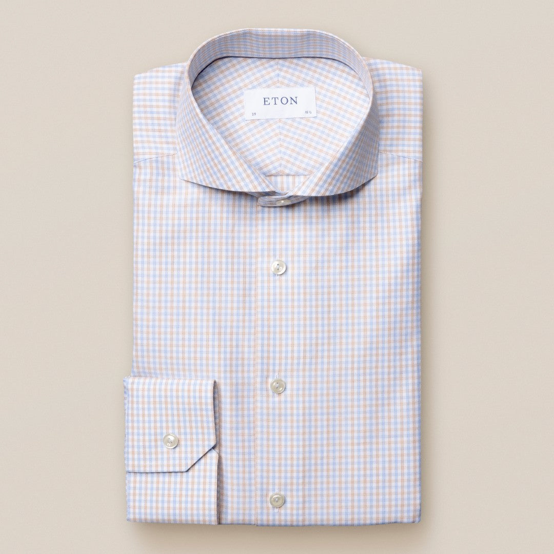 Eton Slim Fit Check Shirt Beige/Blue-MALFORD OF LONDON SAVILE ROW MENSWEAR OUTLET