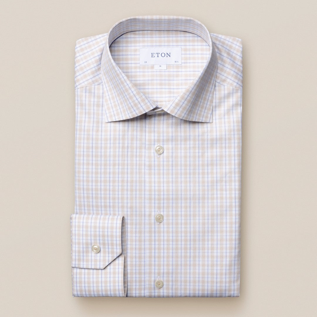 Eton Slim Fit Check Shirt Beige/White-MALFORD OF LONDON SAVILE ROW MENSWEAR OUTLET