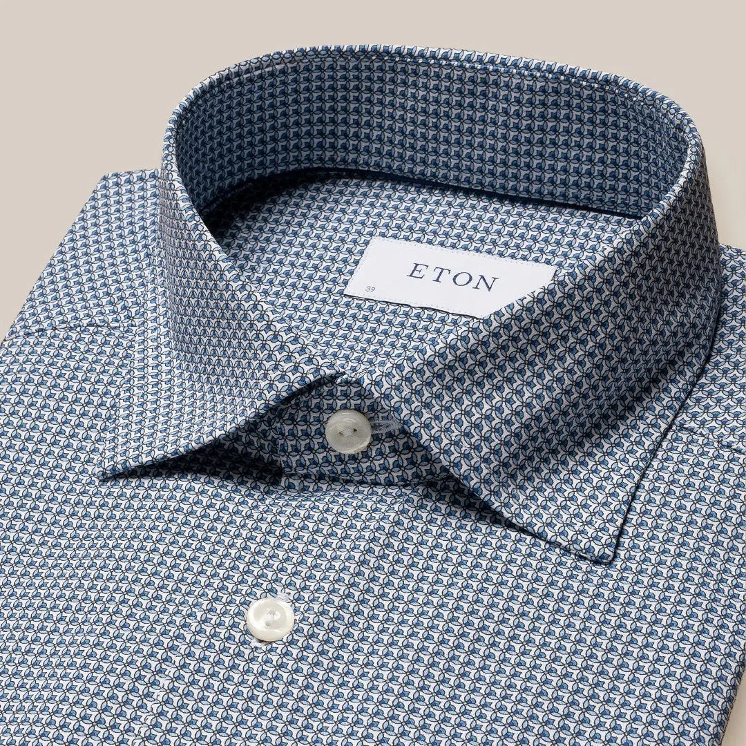 Eton Slim Fit Circle Pattern Shirt Mid Blue/White-MALFORD OF LONDON SAVILE ROW MENSWEAR OUTLET