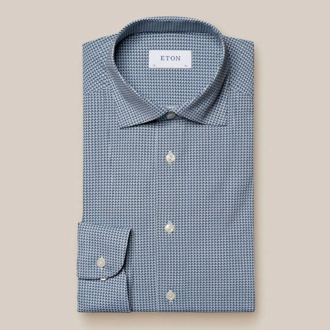 Eton Slim Fit Circle Pattern Shirt Mid Blue/White-MALFORD OF LONDON SAVILE ROW MENSWEAR OUTLET