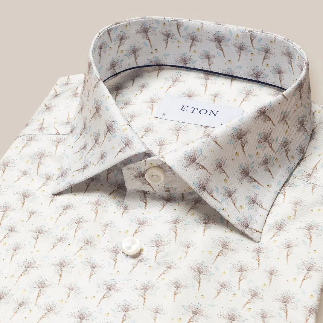 Eton Slim Fit Dandelion Print Shirt White Beige/Blue-MALFORD OF LONDON SAVILE ROW MENSWEAR OUTLET