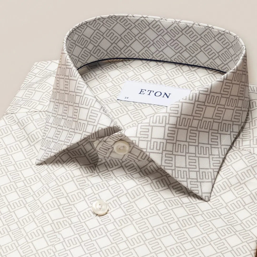 Eton Slim Fit Double E Logo Print Twill Shirt White-MALFORD OF LONDON SAVILE ROW MENSWEAR OUTLET