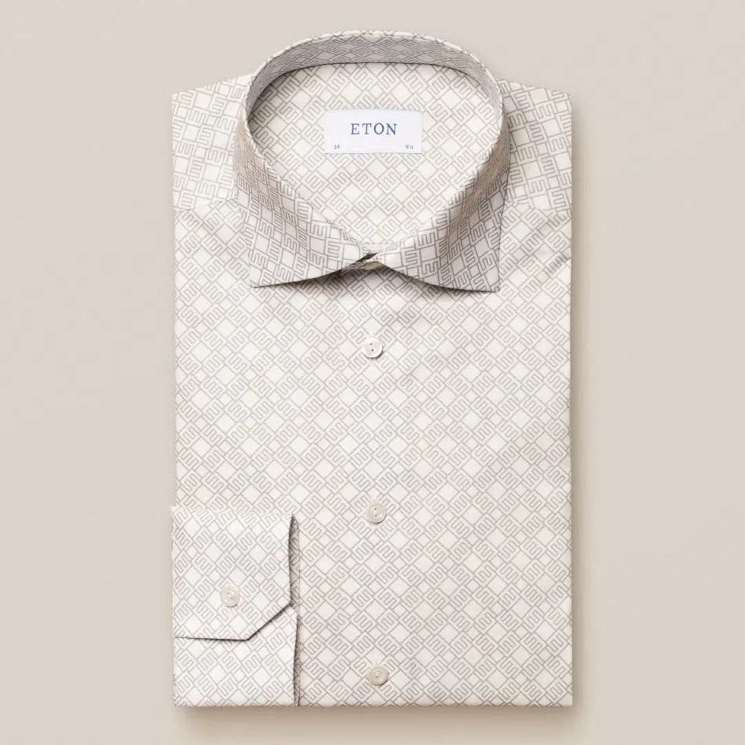 Eton Slim Fit Double E Logo Print Twill Shirt White-MALFORD OF LONDON SAVILE ROW MENSWEAR OUTLET