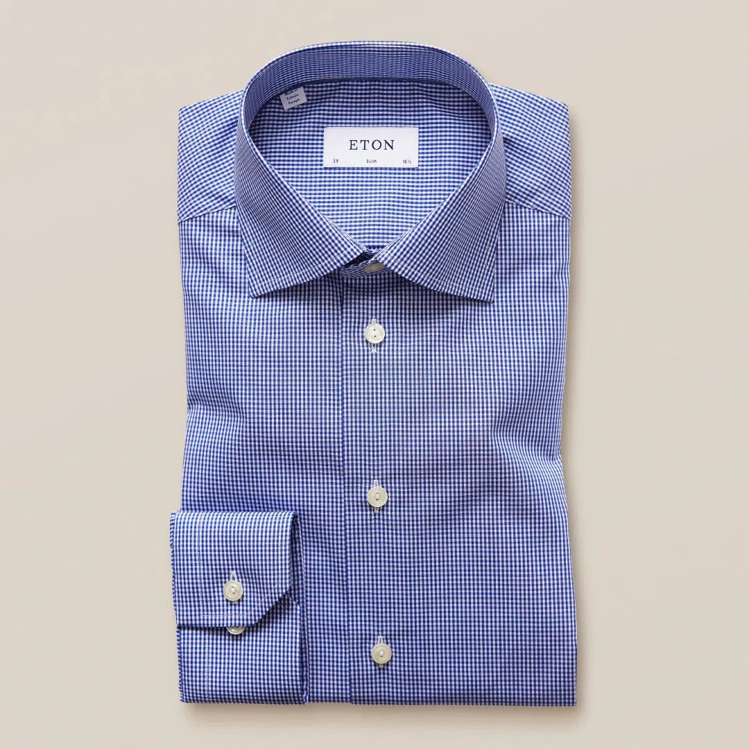 Eton Slim Fit Fine Gingham Check Shirt Mid Blue-MALFORD OF LONDON SAVILE ROW MENSWEAR OUTLET