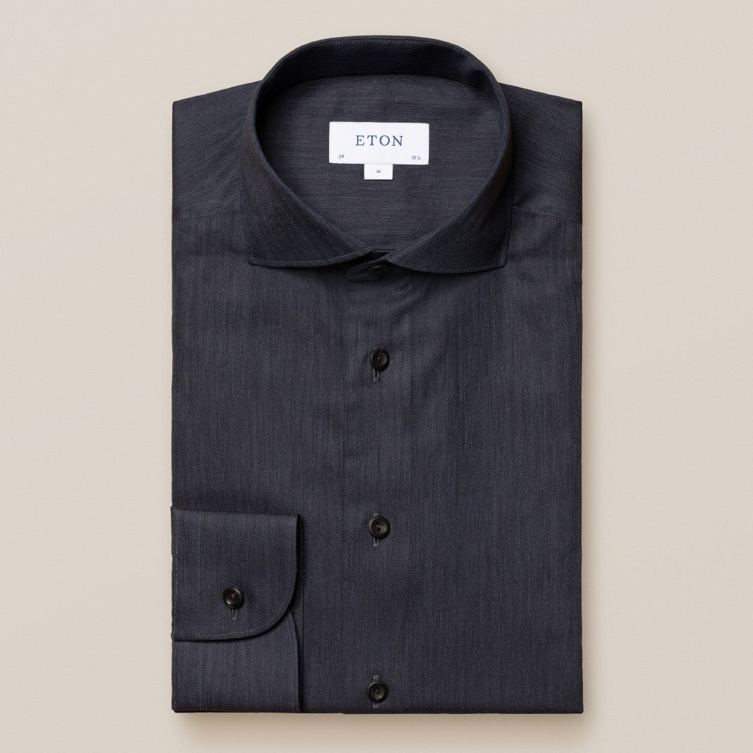 Eton Slim Fit Fine Herringbone Shirt Navy Blue-MALFORD OF LONDON SAVILE ROW MENSWEAR OUTLET