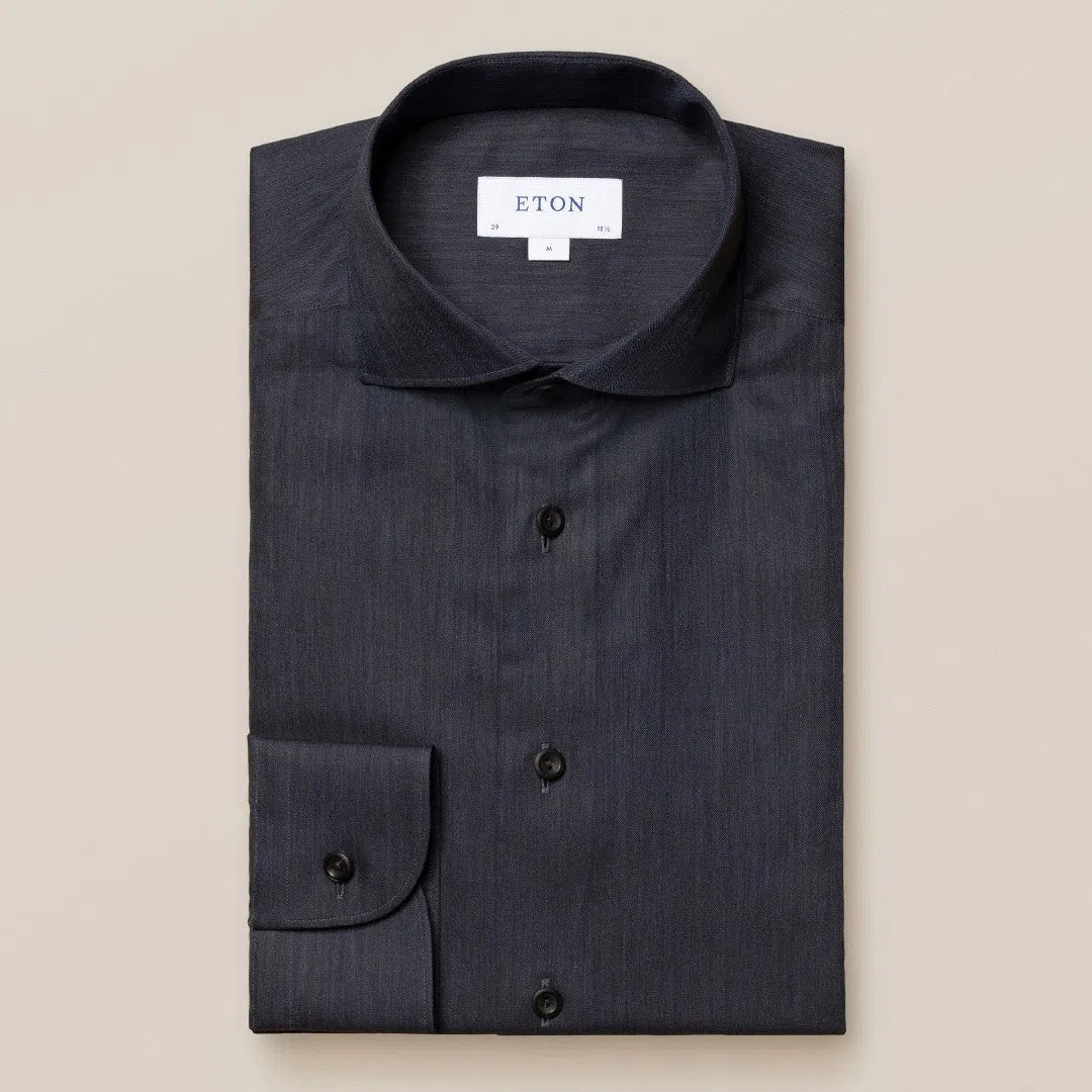 Eton Slim Fit Fine Herringbone Shirt Navy Blue-MALFORD OF LONDON SAVILE ROW MENSWEAR OUTLET