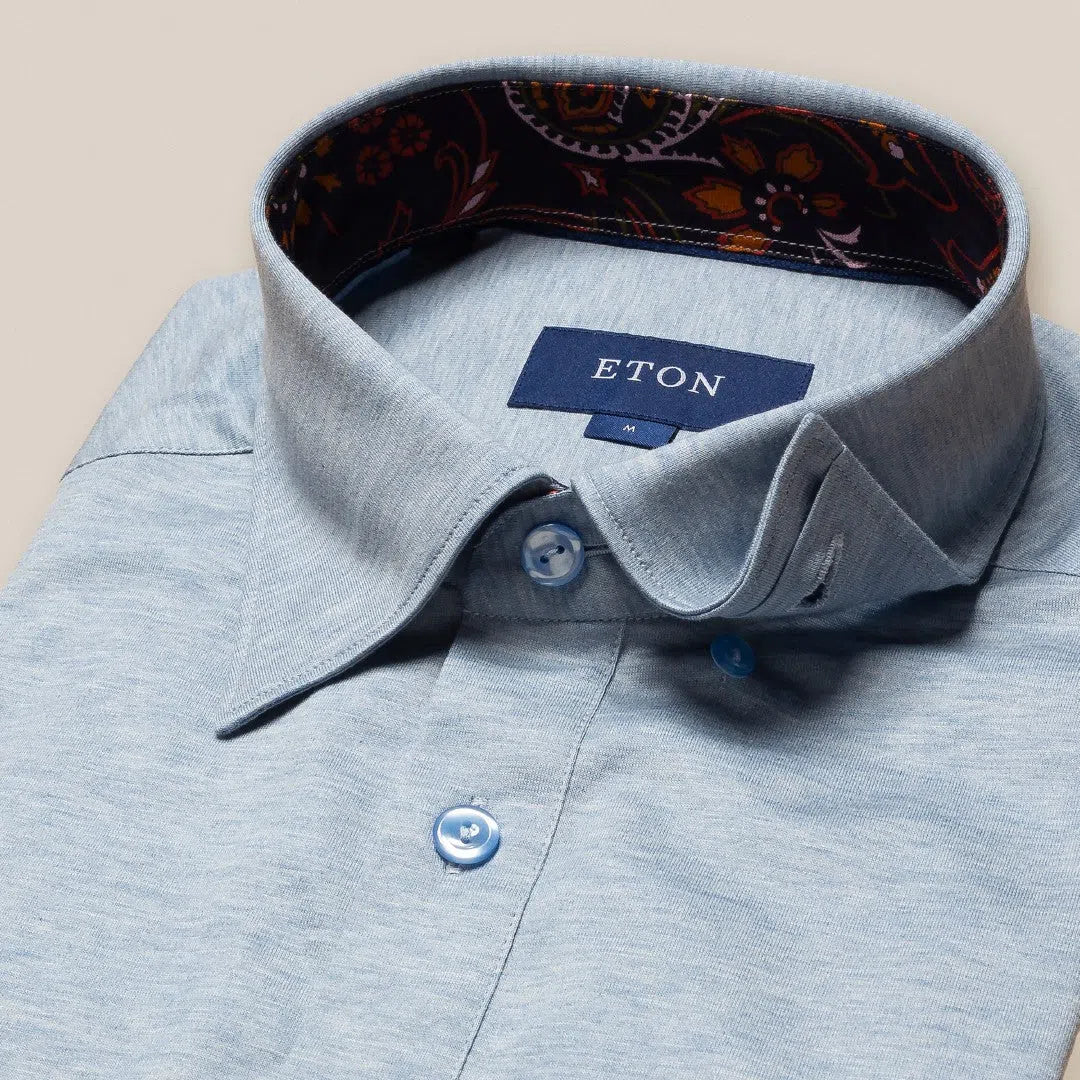 Eton Slim Fit Floral Accent Knitted Short Sleeve Shirt Light Blue-MALFORD OF LONDON SAVILE ROW MENSWEAR OUTLET