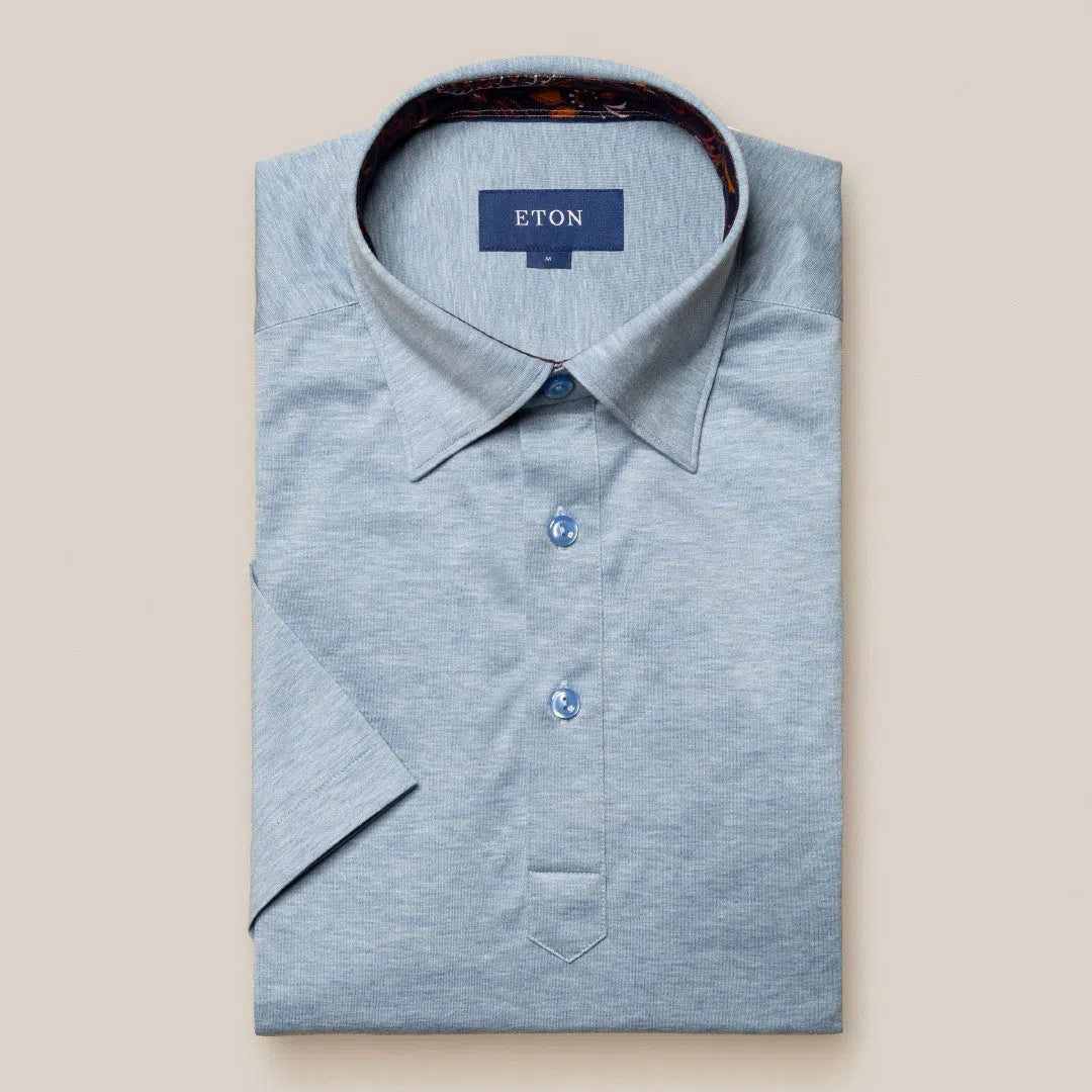 Eton Slim Fit Floral Accent Knitted Short Sleeve Shirt Light Blue-MALFORD OF LONDON SAVILE ROW MENSWEAR OUTLET